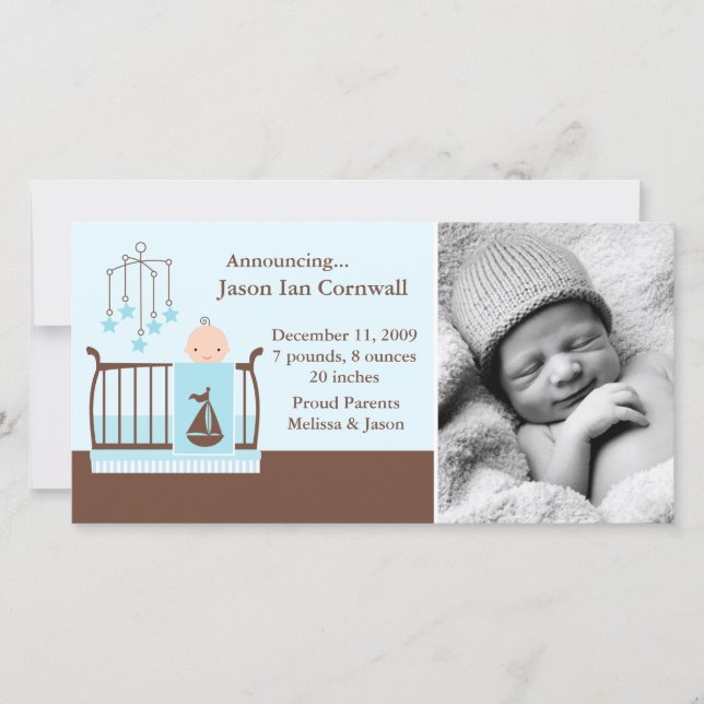 Baby Boy in Crib Photo Birth Announcements (Front)