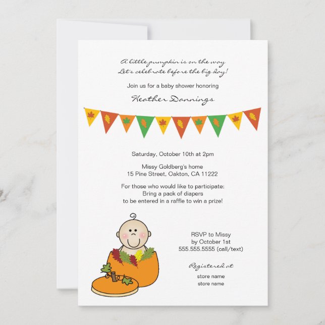 Baby boy in pumpkin baby shower invites (Front)