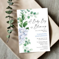 Baby boy is blooming spring floral greenery shower invitation