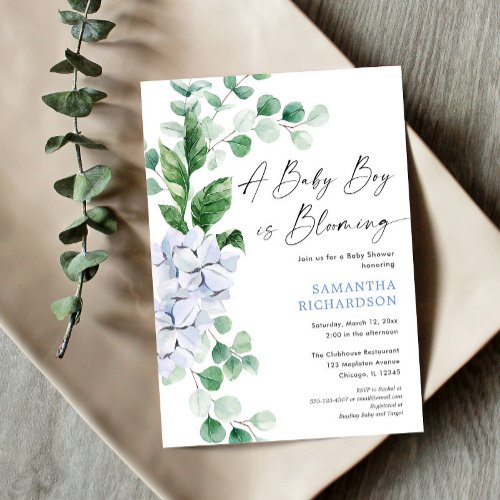 Baby boy is blooming spring floral greenery shower invitation
