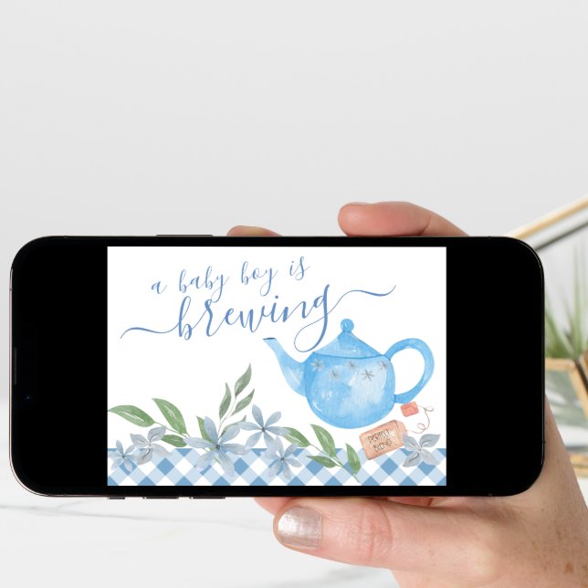 Baby Boy is Brewing 3 Photo Cute Teapot Pregnancy Announcement (Front Digital)