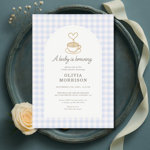 Baby Is Brewing Blue Gingham or plaid baby shower invitation