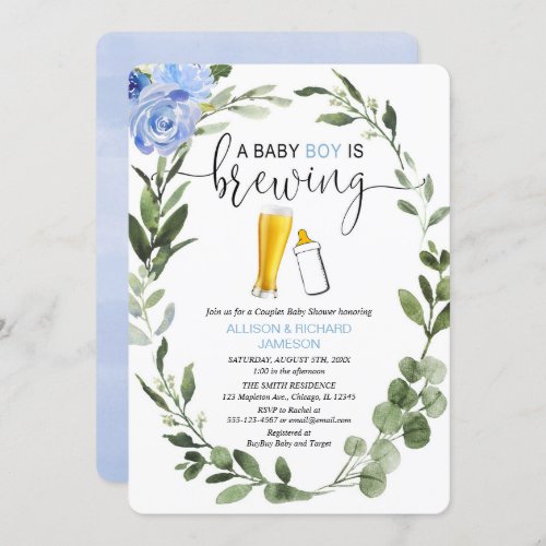 Baby Boy is Brewing greenery couples baby shower Invitation