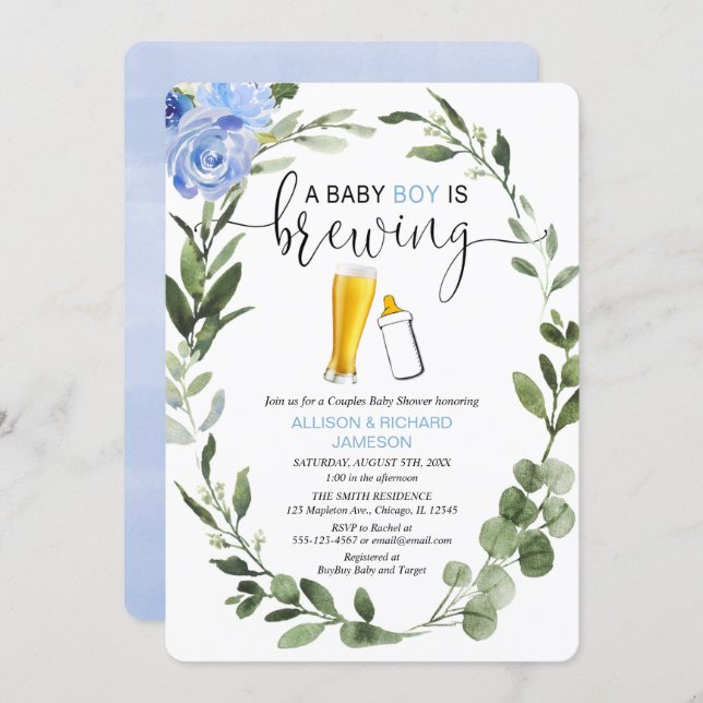 Baby Boy is Brewing greenery couples baby shower Invitation (Front/Back)
