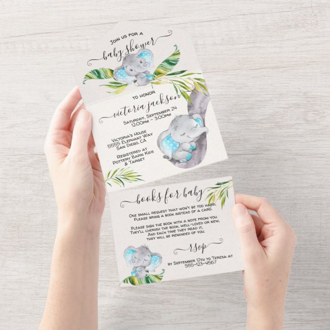 Baby Boy Jungle Elephant Baby Shower All In One Invitation (Tearaway)
