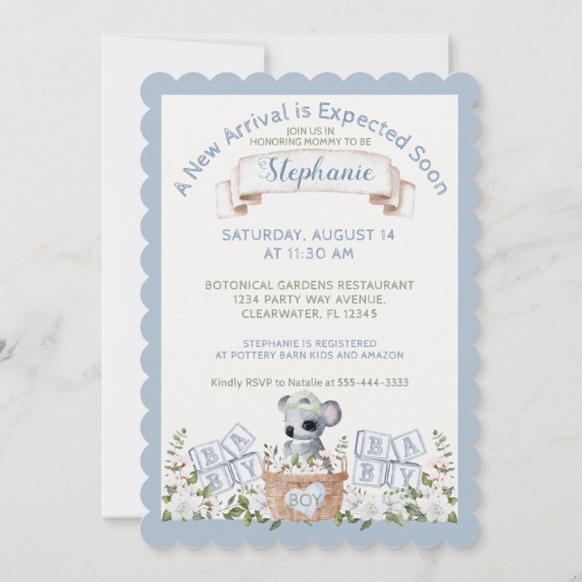 Baby Boy Koala Hot Air Balloon Watercolor Shower Invitation (Back)