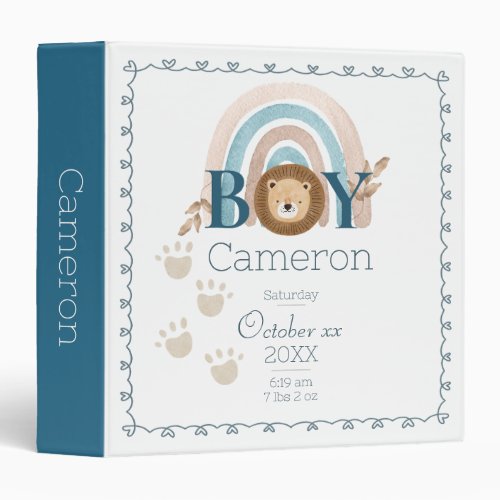 Baby Boy Lion Custom Name and Birth Details 3 Ring Binder