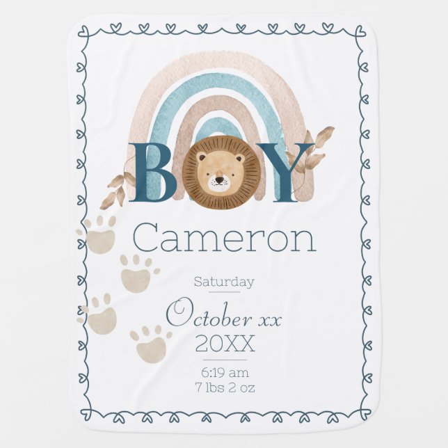  Baby Boy Lion Custom Name and Birth Details Baby Blanket (Front)