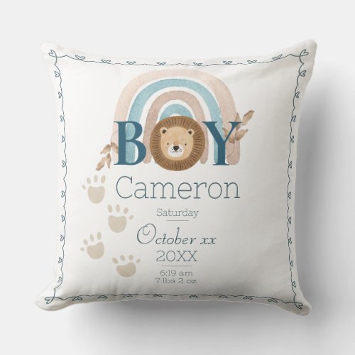  Baby Boy Lion Custom Name and Birth Details Throw Pillow