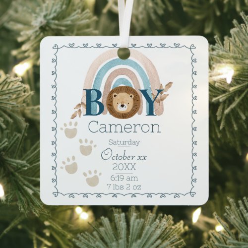 Baby Boy Lion Custom Name and Birth Keepsake Metal Ornament