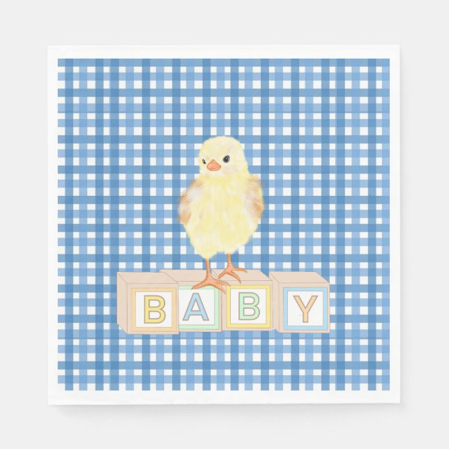 Baby Boy Little Chick Blue Gingham Napkins (Front)