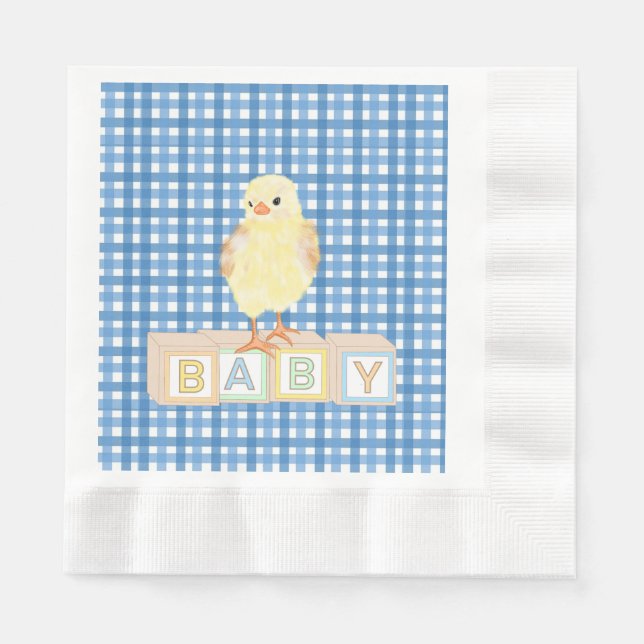 Baby Boy Little Chick Blue Gingham Napkins (Front)