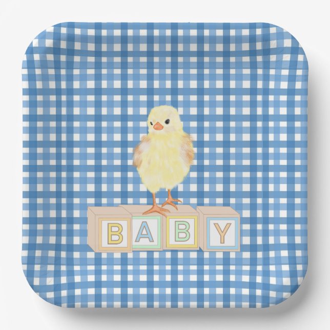 Baby Boy Little Chick Blue Gingham Paper Plates (Front)