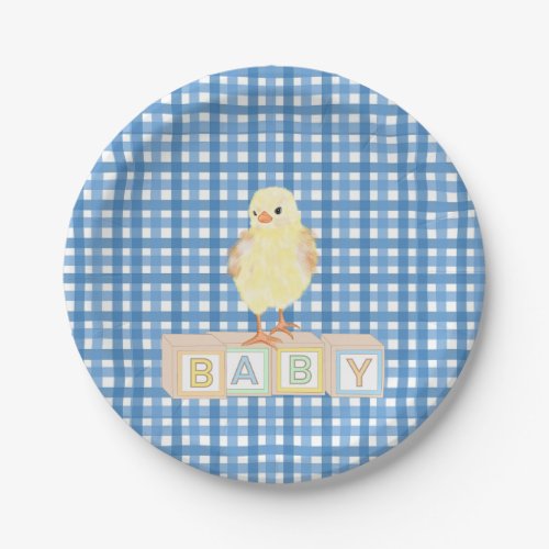 Baby Boy Little Chick Blue Gingham Paper Plates