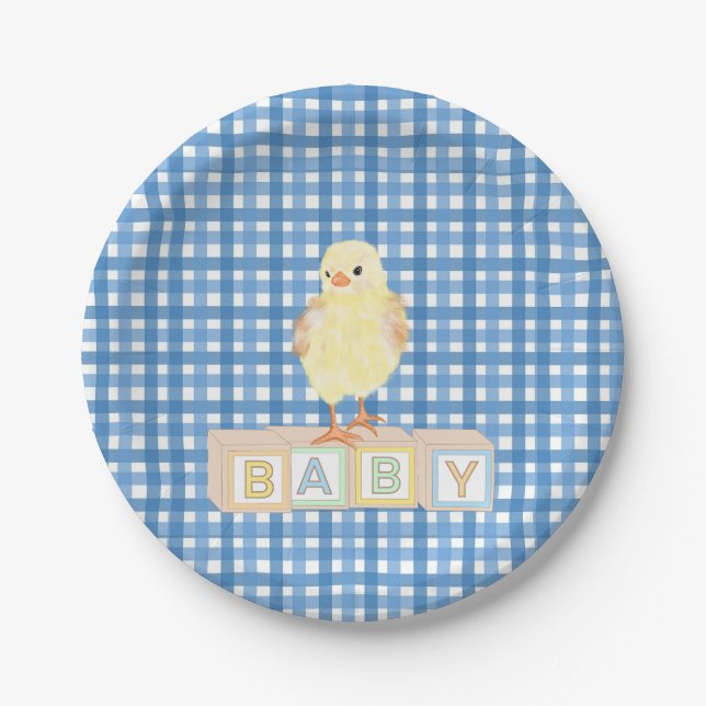Baby Boy Little Chick Blue Gingham Paper Plates (Front)