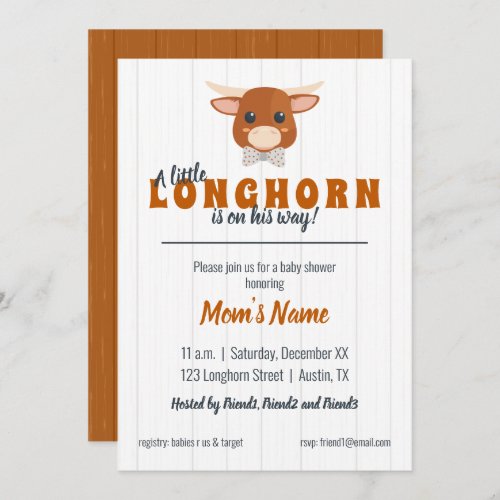 Baby Boy Longhorn Burnt Orange Baby Shower Invitation