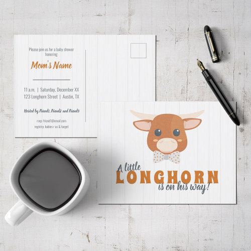 Baby Boy Longhorn Burnt Orange Baby Shower Invitation Postcard