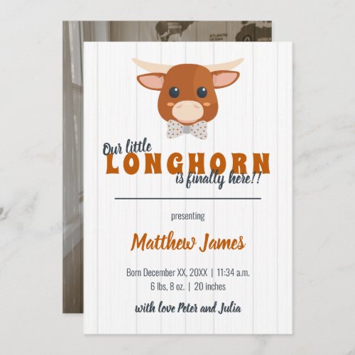 Baby Boy Longhorn Burnt Orange Vertical Birth Announcement