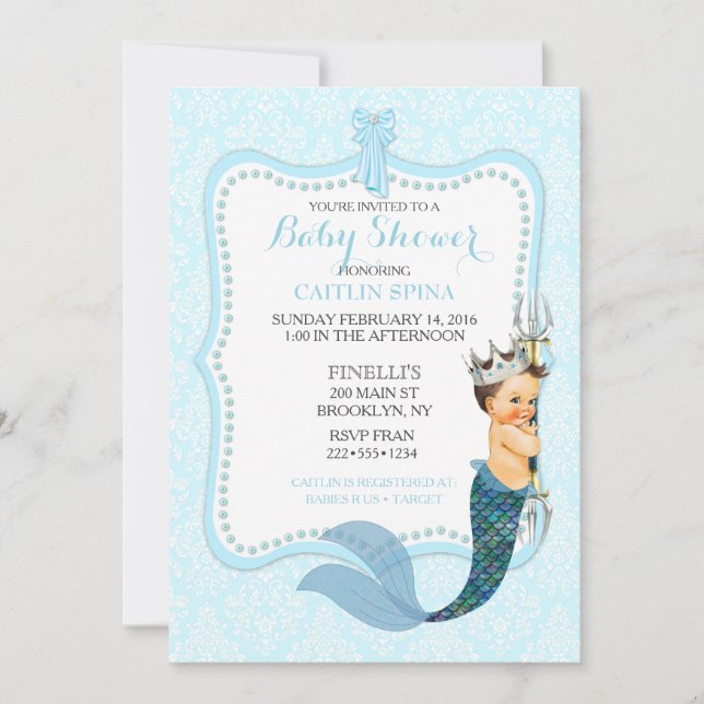 Baby Boy Merman Merboy Prince Crown Damask Invitat Invitation (Front)