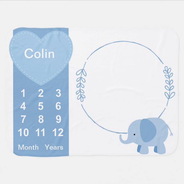 Baby Boy Milestone Blue Elephant Photo Blanket (Horizontal)