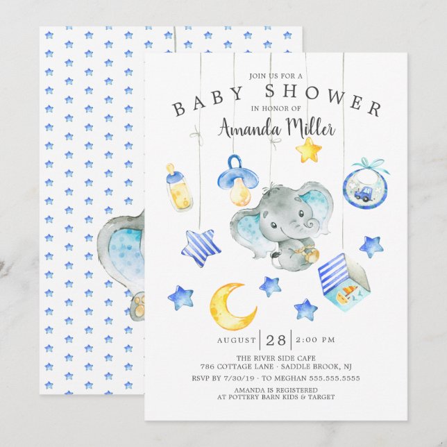 Baby Boy Mobile Elephant Baby Shower Invitation (Front/Back)