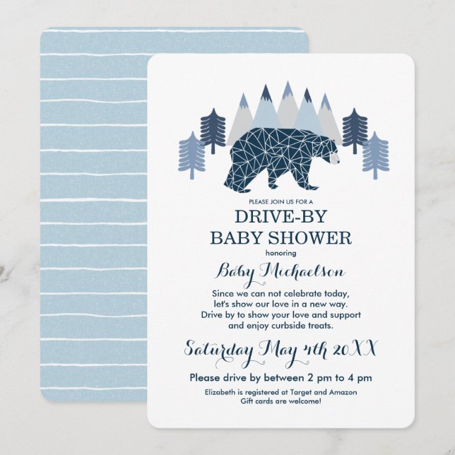 Baby Boy Modern Bear Drive By Baby Shower Invitation (Front/Back)