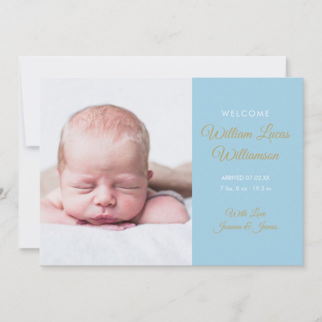 Baby Boy Modern Gold Script Photo Birth Announcement (Front)