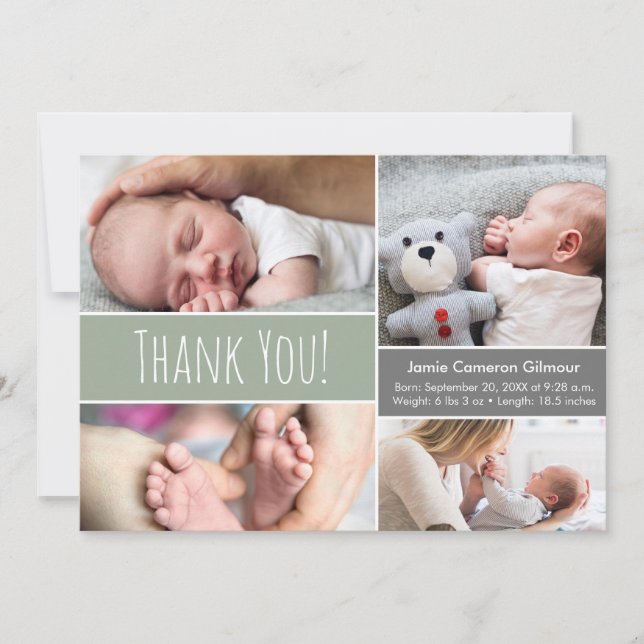 Baby boy Modern Green Photo Collage and Birth info Thank You Card (Front)