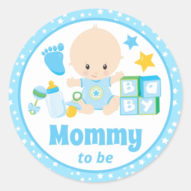 Baby Boy Mommy to Be Blue Stars Classic Round Sticker (Front)