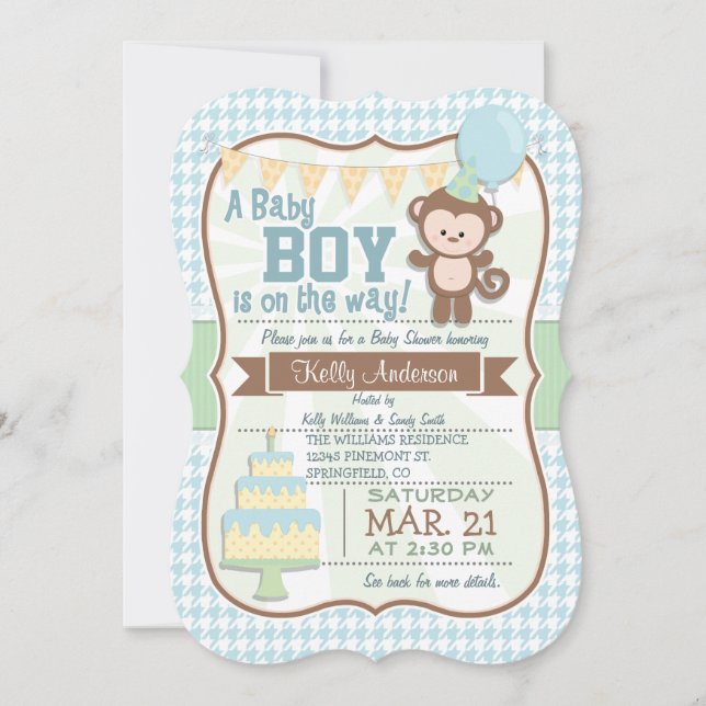 Baby Boy Monkey, Pastel Baby Shower Invite (Front)