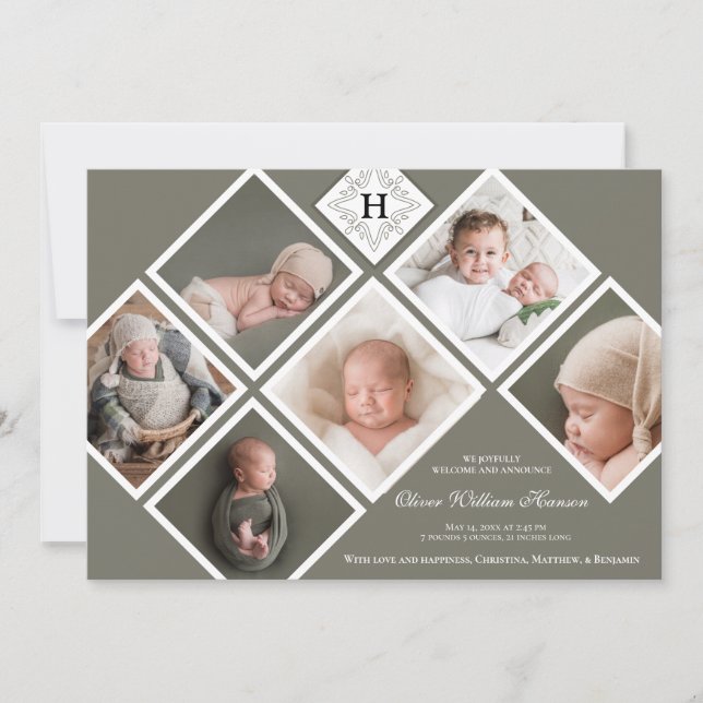 Baby Boy Multi-Photo Olive Monogram Birth Announcement (Front)