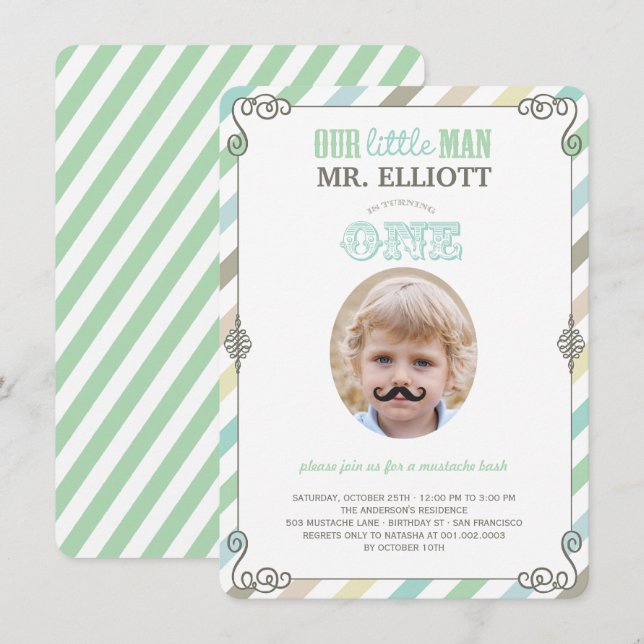 Baby Boy Mustache 1st Birthday Party Photo Invite (Front/Back)