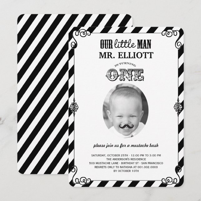 Baby Boy Mustache 1st Birthday Party Photo Invite (Front/Back)