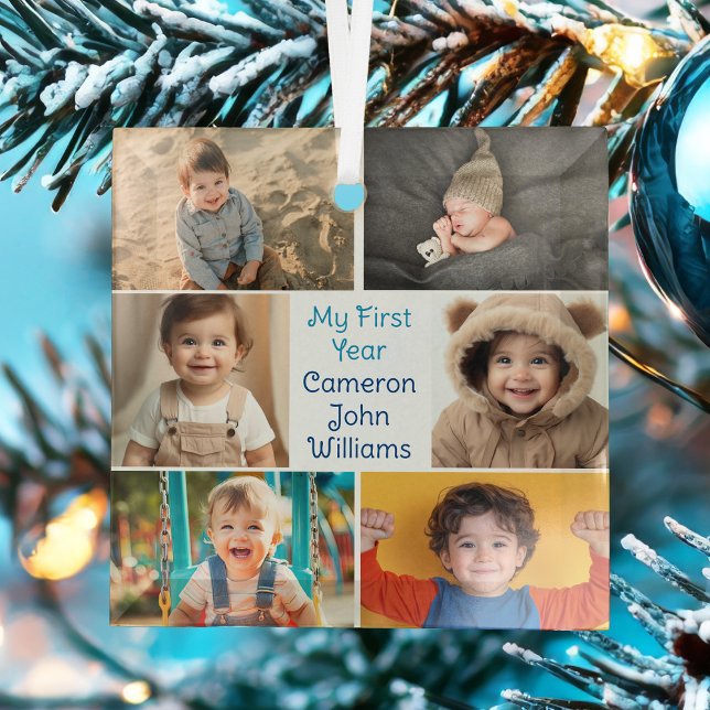 Baby Boy My 1st Year Photo Collage Christmas Glass Ornament (Creator Uploaded)