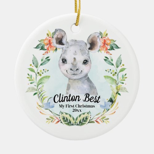 Baby Boy My First Christmas Watercolor Baby Rhino Ceramic Ornament