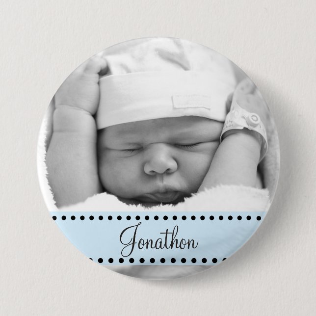 Baby Boy Name and  Photo Magnet Blue Personalized Pinback Button (Front)