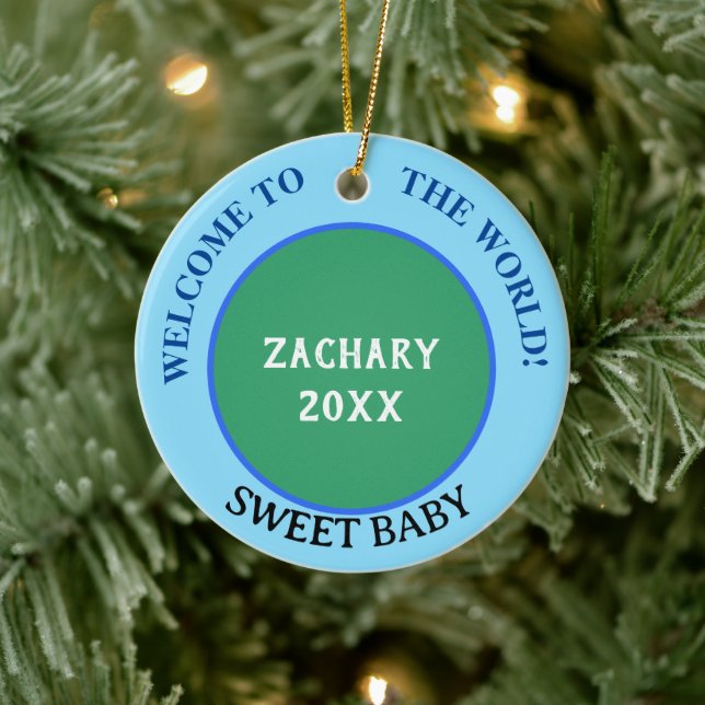 Baby Boy Name Announcement Earth Green Blue Ceramic Ornament (Tree)