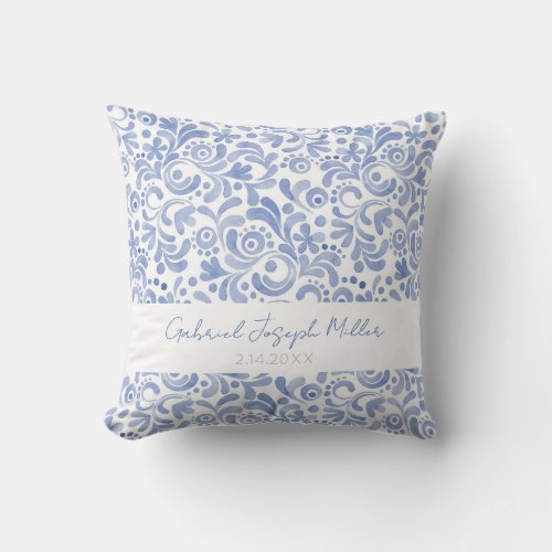 Baby Boy NAME BIRTHDATE Blue Watercolor Keepsake Throw Pillow