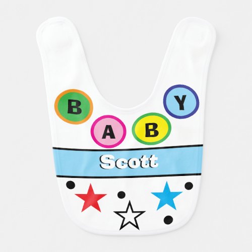 Baby Boy Name Blue Pink Yellow Circles Stars Bib