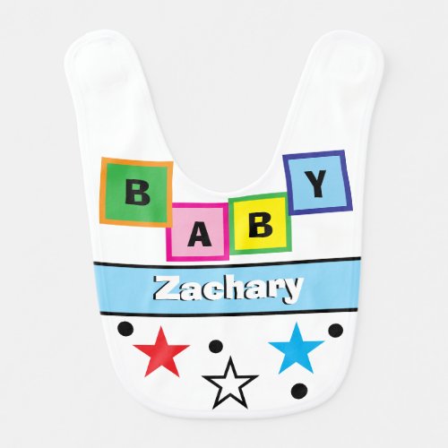 Baby Boy Name Blue Yellow Blocks Stars Bib