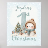 Baby Boy Name First Christmas Blue Nursery Poster