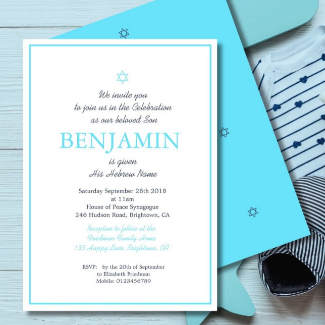 Baby Boy Naming Ceremony Jewish Modern Blue  Invitation (Creator Uploaded)