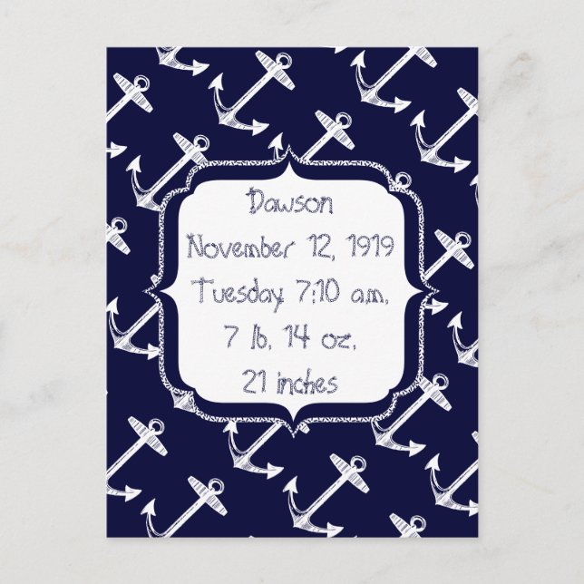 Baby Boy Nautical Navy Blue Anchor Pattern Postcard (Front)