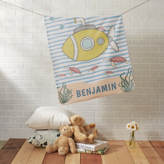 Baby Boy Nautical Submarine Sea Creature Nursery Baby Blanket (In Situ)