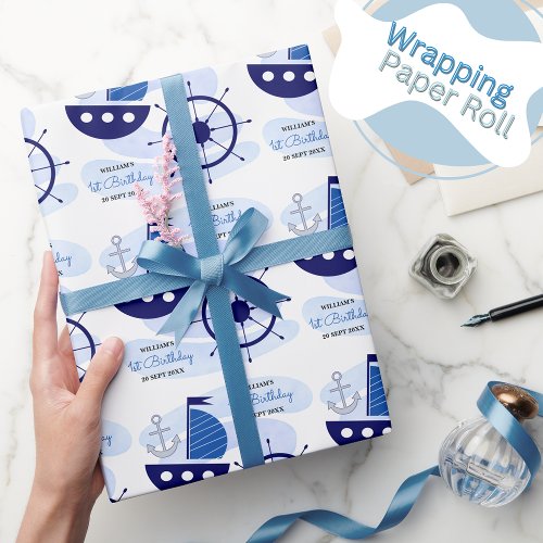 Baby Boy Nautical Watercolor Navy Blue Wrapping Paper