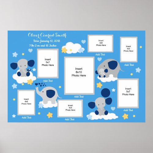 Baby Boy Navy Blue Elephant Birth Photo Collage Poster