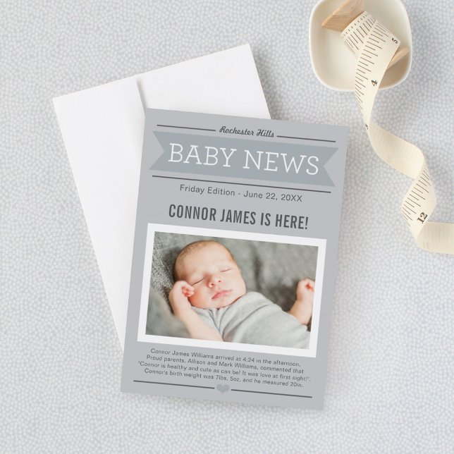 Baby Boy News Modern Gray Photo Birth Announcement (Creator Uploaded)