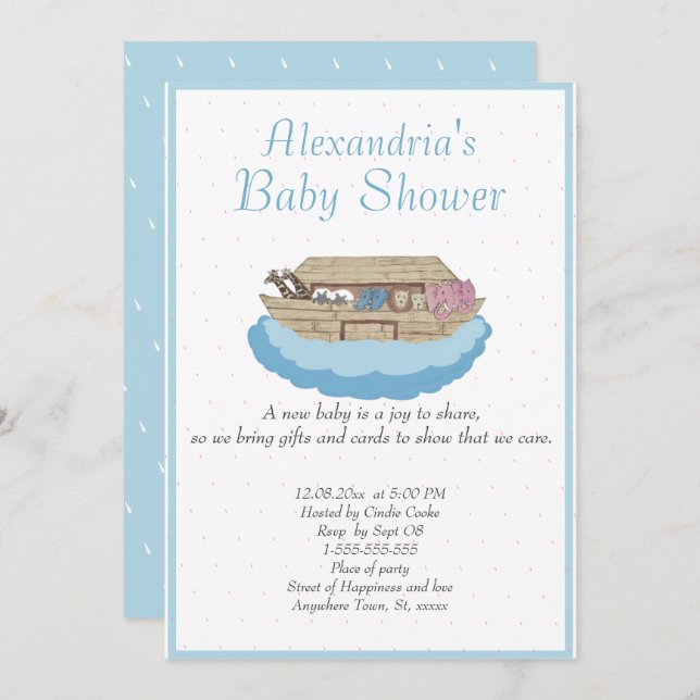 Baby Boy Noah's Ark Blue Baby Shower Invitation (Front/Back)