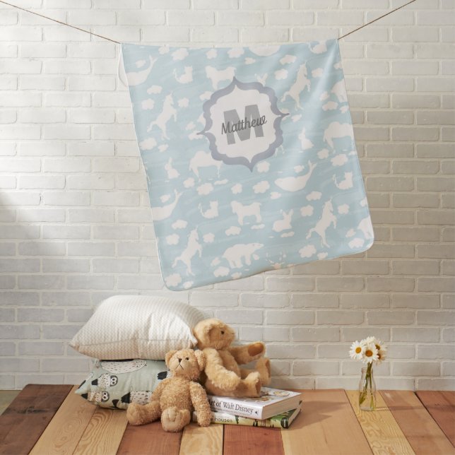Baby Boy Nursery Blue Cloud Animals Monogram Baby Blanket (In Situ)