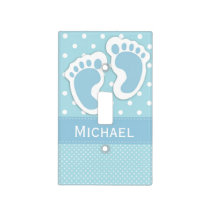 Baby Boy Nursery Blue Polka Dot Footprint and Name Light Switch Cover
